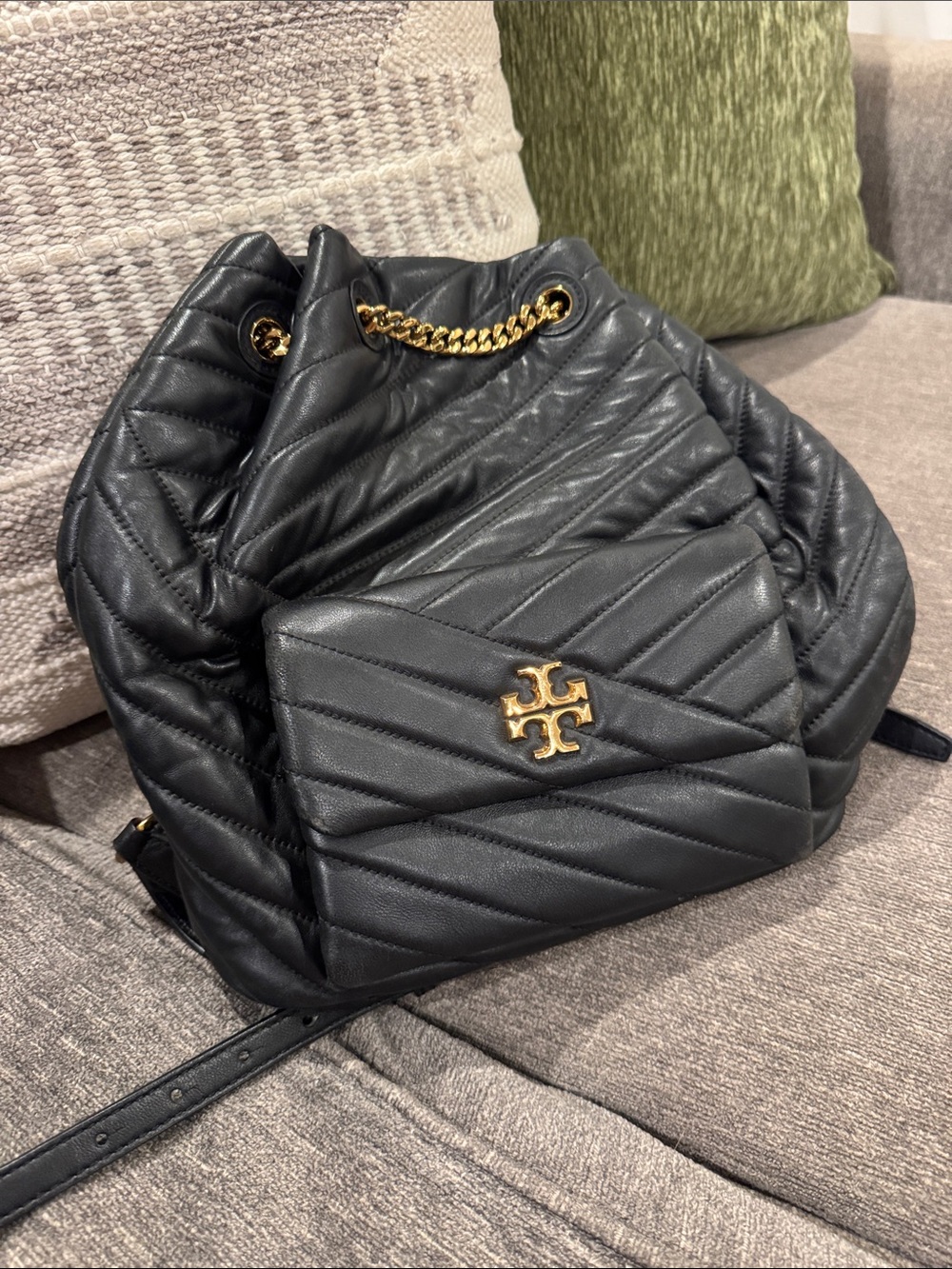 Tory Burch Black Quilted Leather Drawstring Backpack with Gold Logo Accent